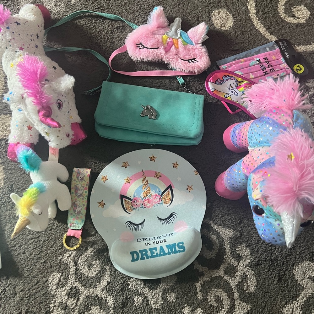 Unicorn lot crossbody, stuffed animals, mouse pad